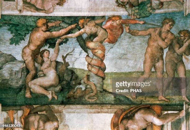 Michelangelo . Ceiling of Sistine Chapel. Frescoes of The Fall and Expulsion of Garden of Eden. Genesis. Ca. 1512. Vatican Museums. Italy.
