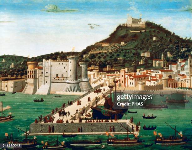La Tavola Strozzi. View of Naples from 15th century. City and trading port. Attributed by Francesco Rosselli, 1472. Aragon Crown domination.