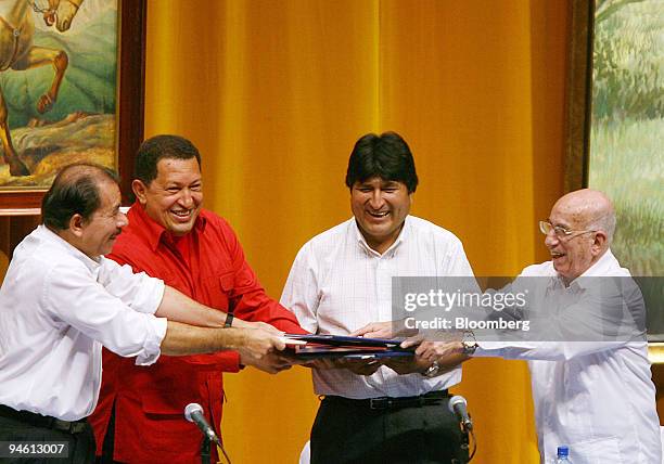 Nicaraguan President Daniel Ortega, left to right, Venezuelan President Hugo Chavez, Bolivian President Evo Morales and Cuban Vice-President Jose...