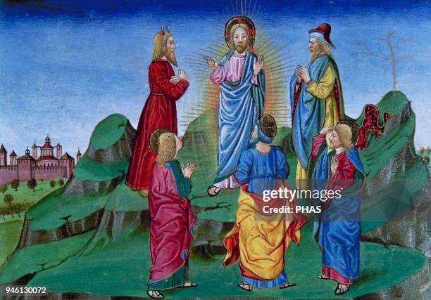 Cristofor de Premis . Italian miniaturist. Jesus goes to the Mountain with Peter, James and John. It is transfigured with Moses and Elijah. Codex De...