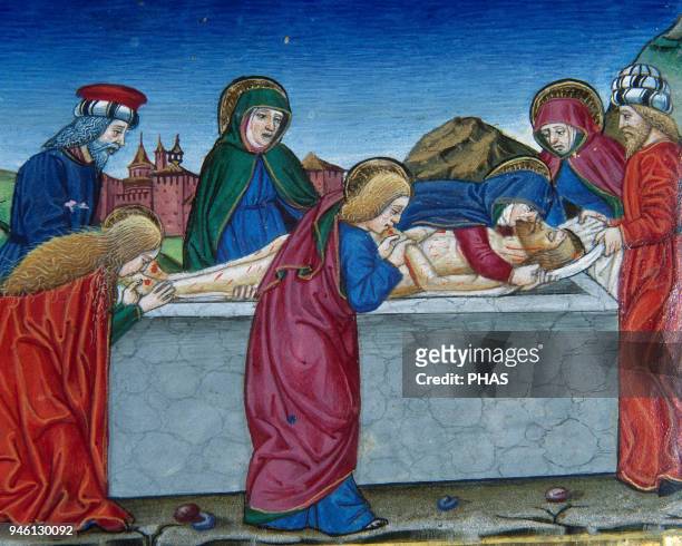 Cristofor de Premis . Italian miniaturist. The body of Jesus is wrapped in a shroud. Codex De Predis. . Royal Library, Turin, Italy.
