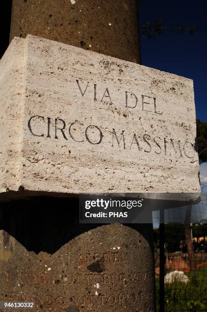 Italy, Rome. The Circus Maximus . Ancient Roman chariot racing stadium. Poster with inscription of the Via Circo Massimo.