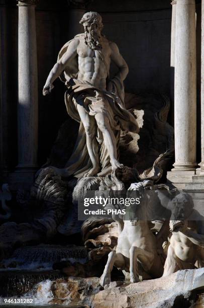 Italy, Rome. Trevi Fountain. Baroque. Designed by Nicola Salvi and completed by Pietro Bracci. 1762. Two tritons guide the carriage in the form of a...