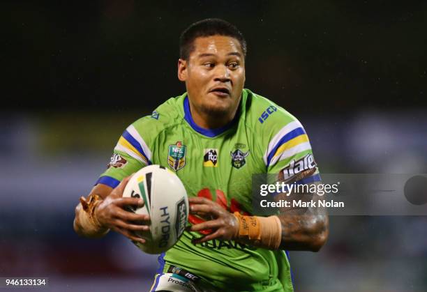 Joseph Leilua of the Raiders in action during the round six NRL match between the Canberra Raiders and the Parramatta Eels at GIO Stadium on April...