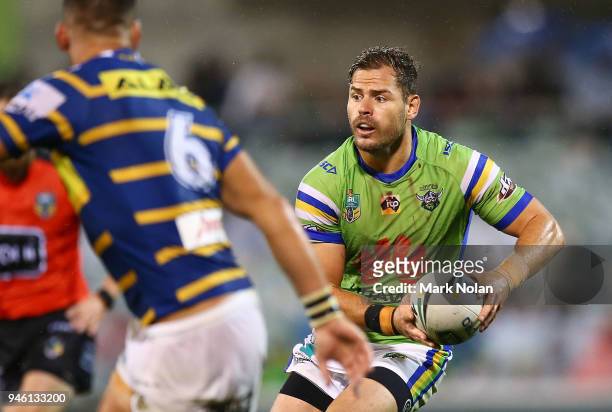 Aiden Sezer of the Raiders in action during the round six NRL match between the Canberra Raiders and the Parramatta Eels at GIO Stadium on April 14,...