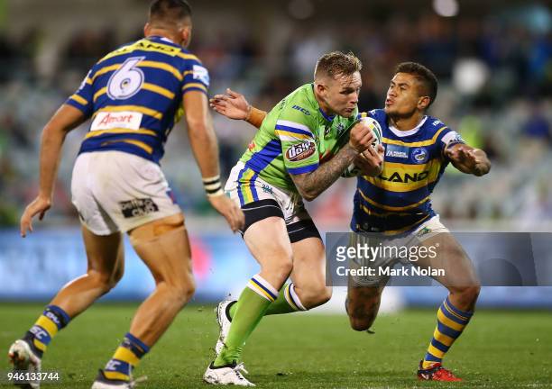 Blake Austin of the Raiders in action during the round six NRL match between the Canberra Raiders and the Parramatta Eels at GIO Stadium on April 14,...