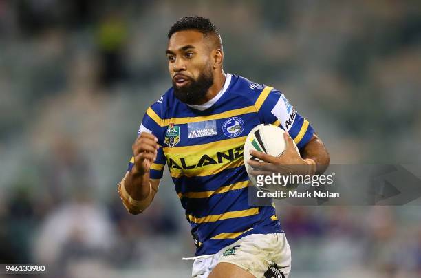 George Jennings of the Eels runs the ball during the round six NRL match between the Canberra Raiders and the Parramatta Eels at GIO Stadium on April...