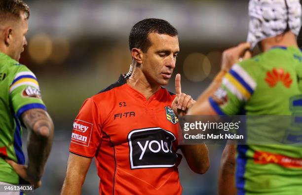 Referee Matt Cecchin is pictured during the round six NRL match between the Canberra Raiders and the Parramatta Eels at GIO Stadium on April 14, 2018...