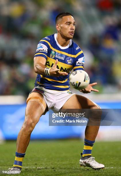 Corey Norman of the Eels passes during the round six NRL match between the Canberra Raiders and the Parramatta Eels at GIO Stadium on April 14, 2018...