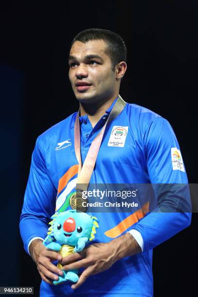 Vikas Krishan of India celebrates Gold in the Men's 75kg Final Boxing on day 10 of the Gold Coast 2018 Commonwealth Games at Oxenford Studios on...