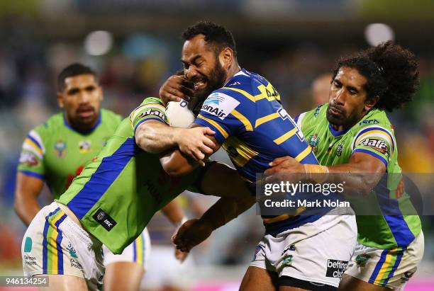 Tony Williams of the Eels is tackled during the round six NRL match between the Canberra Raiders and the Parramatta Eels at GIO Stadium on April 14,...