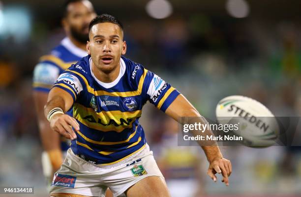 Corey Norman of the Eels passes during the round six NRL match between the Canberra Raiders and the Parramatta Eels at GIO Stadium on April 14, 2018...