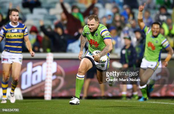 Blake Austin of the Raiders heads to the try line to score during the round six NRL match between the Canberra Raiders and the Parramatta Eels at GIO...