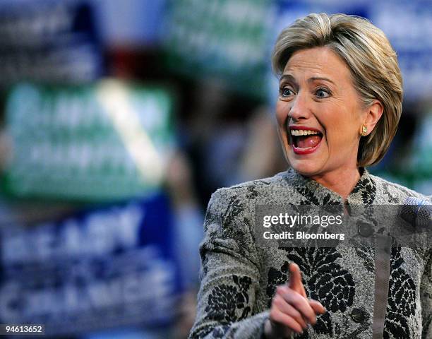 Hillary Clinton, U.S. Senator from New York and 2008 Democratic presidential candidate, reacts to the cheers of her supporters at a primary night...