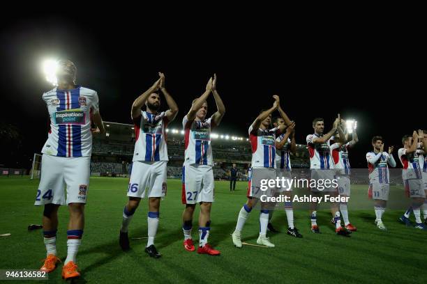 Jets players celebrate the win during the round 27 A-League match between the Central Coast Mariners and the Newcastle Jets at Central Coast Stadium...