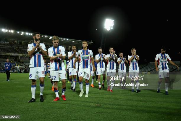 Jets players celebrate the win during the round 27 A-League match between the Central Coast Mariners and the Newcastle Jets at Central Coast Stadium...