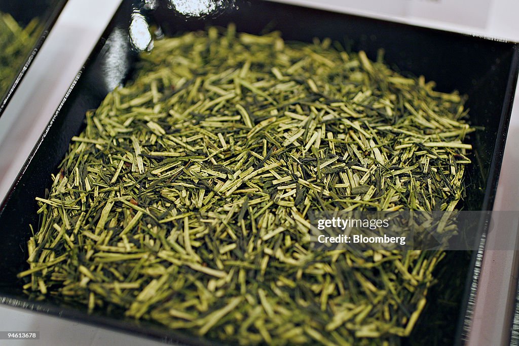 Kukicha green tea sits on display in the Sasaki Green Tea Lt