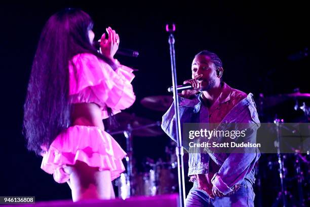 Rappers SZA and Kendrick Lamar perform on the Coachella stage during week 1, day 1 of the Coachella Valley Music And Arts Festival on April 13, 2018...
