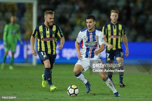 Steven Ugarkovic of the Jets in action during the round 27 A-League match between the Central Coast Mariners and the Newcastle Jets at Central Coast...