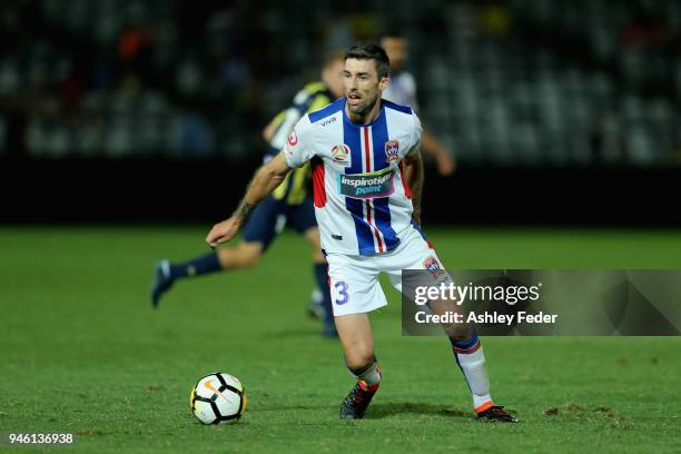 Jason Hoffman of the Jets in action during the round 27 A-League match between the Central Coast Mariners and the Newcastle Jets at Central Coast...