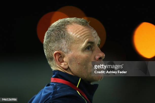 Wayne O'Sullivan coach of the Mariners looks on during the round 27 A-League match between the Central Coast Mariners and the Newcastle Jets at...