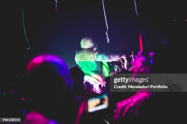 Singer and guitarist Wayne Coyne, lead vocal of The Flaming Lips, astride a unicorn during a concert at Alcatraz. Milan, Italy. 30th January 2017