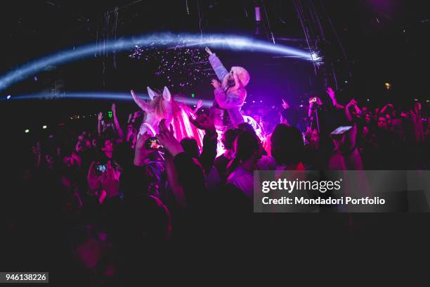 Singer and guitarist Wayne Coyne, lead vocal of The Flaming Lips, astride a unicorn during a concert at Alcatraz. Milan, Italy. 30th January 2017