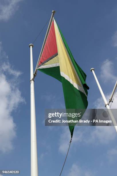 The flag of Guyana flies with other flags from countries of the Commonwealth in Parliament Square, central London, ahead of Commonwealth Heads of...