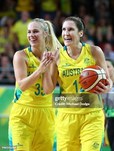 Belinda Snell and Nicole Seekamp of Australia celebrate victory following the Women's Gold Medal Game on day 10 of the Gold Coast 2018 Commonwealth...