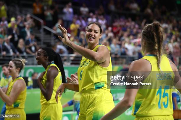 Elizabeth Cambage of Australia celebrates victory following the Women's Gold Medal Game on day 10 of the Gold Coast 2018 Commonwealth Games at Gold...