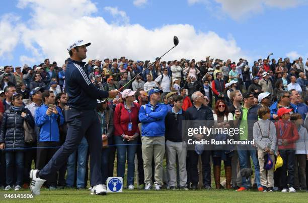 Jon Rahm of Spain on the second tee during the third round of the Open de Espana at Centro Nacional de Golf on April 14, 2018 in Madrid, Spain.