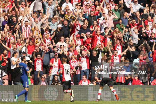 Dusan Tadic of Southampton celebrates after scoring a goal to make it 1-0 during the Premier League match between Southampton and Chelsea at St...