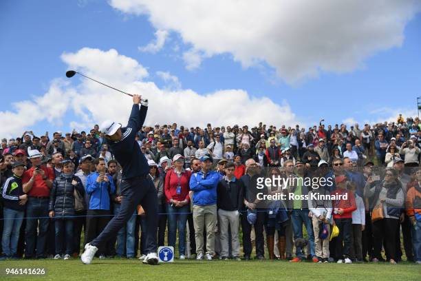 Jon Rahm of Spain on the second tee during the third round of the Open de Espana at Centro Nacional de Golf on April 14, 2018 in Madrid, Spain.