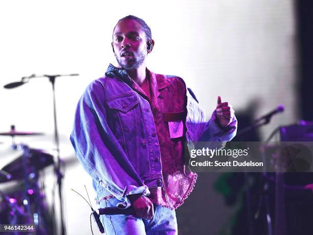Rapper Kendrick Lamar performs as a special guest on the Coachella stage during week 1, day 1 of the Coachella Valley Music and Arts Festival on...