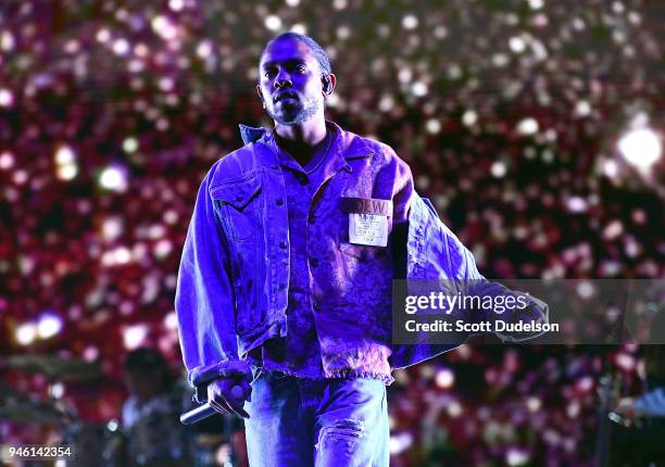 Rapper Kendrick Lamar performs as a special guest on the Coachella stage during week 1, day 1 of the Coachella Valley Music and Arts Festival on...