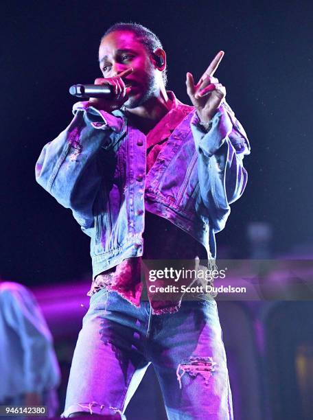 Rapper Kendrick Lamar performs as a special guest on the Coachella stage during week 1, day 1 of the Coachella Valley Music and Arts Festival on...