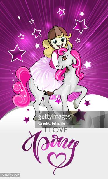 bildbanksillustrationer, clip art samt tecknat material och ikoner med kärleken till flickan och ponny. affisch design - pony