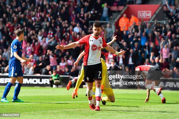 Southampton's Irish striker Shane Long celebrates after Southampton's Serbian midfielder Dusan Tadic scored the opening goal during the English...