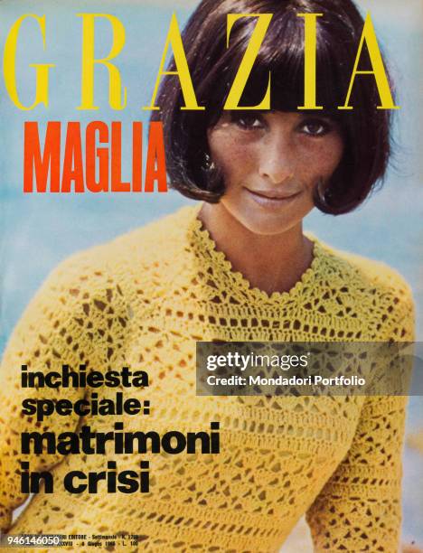 Cover of the women's magazine Grazia. A model wearing a crochet sweater from the article Maglia vacanze. June 1965