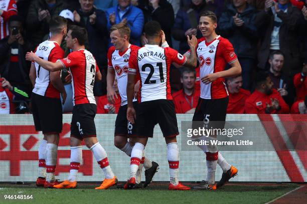 Jan Bednarek of Southampton celebrates with teammates after scoring his sides second goal during the Premier League match between Southampton and...