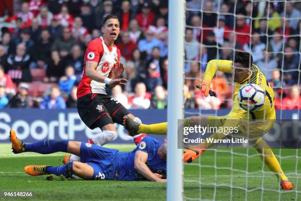 Jan Bednarek of Southampton scores his sides second goal during the Premier League match between Southampton and Chelsea at St Mary's Stadium on...