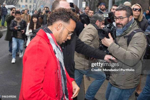 British Formula One racing driver Lewis Hamilton coming at Emporio Armani fashion show during the Fahion Week F/W 2017/2018. Milan , february 24, 2017