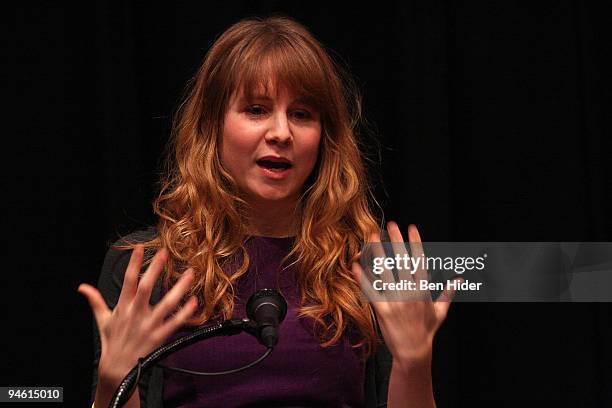 Playwright Annie Baker speaks at the special performance of the longest running "Our Town" at the Barrow Street Theatre on December 16, 2009 in New...