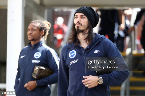 Matias Ezequiel Schelotto of Brighton and Hove Albion arrives at the stadium prior to the Premier League match between Crystal Palace and Brighton...