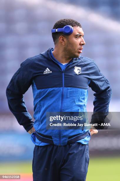 Troy Deeney of Watford prior to the Premier League match between Huddersfield Town and Watford at John Smith's Stadium on April 14, 2018 in...