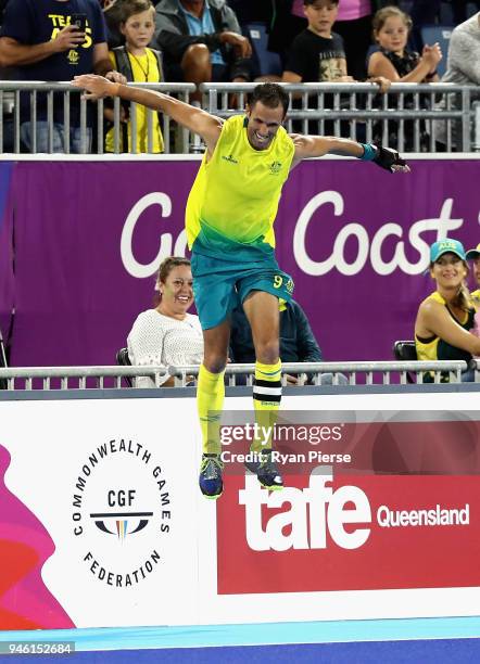 Mark Knowles of Australia celebrate victory in the Men's gold medal match between Australia and New Zealand during Hockey on day 10 of the Gold Coast...