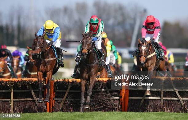 Mr Big Shot ridden by Tom Scudamore clears the last fence on their way to winning the Gaskells Handicap Hurdle Race at Aintree Racecourse on April...