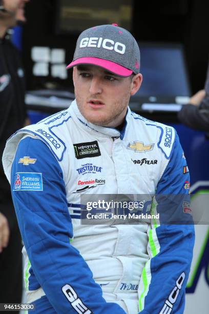 Ty Dillon, driver of the GEICO Chevrolet, sits by his car during practice for the Monster Energy NASCAR Cup Series Food City 500 at Bristol Motor...