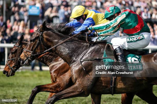 Tom Scudamore riding Mr Big Shot clear the last to win The Gaskells Handicap Hurdle Race at Aintree racecourse on April 14, 2018 in Liverpool,...