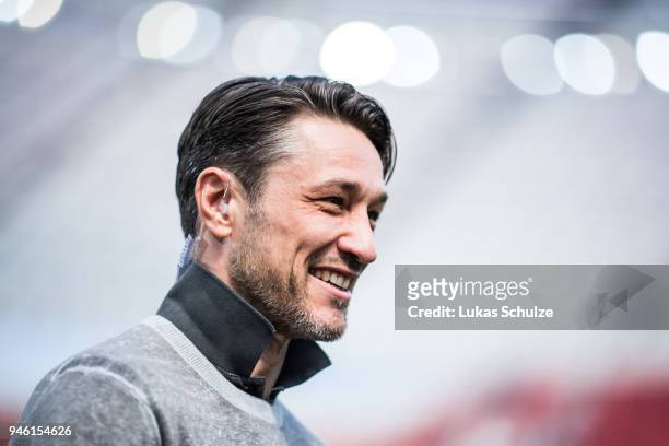 Head Coach Niko Kovac of Frankfurt smiles during an interview prior to the Bundesliga match between Bayer 04 Leverkusen and Eintracht Frankfurt at...